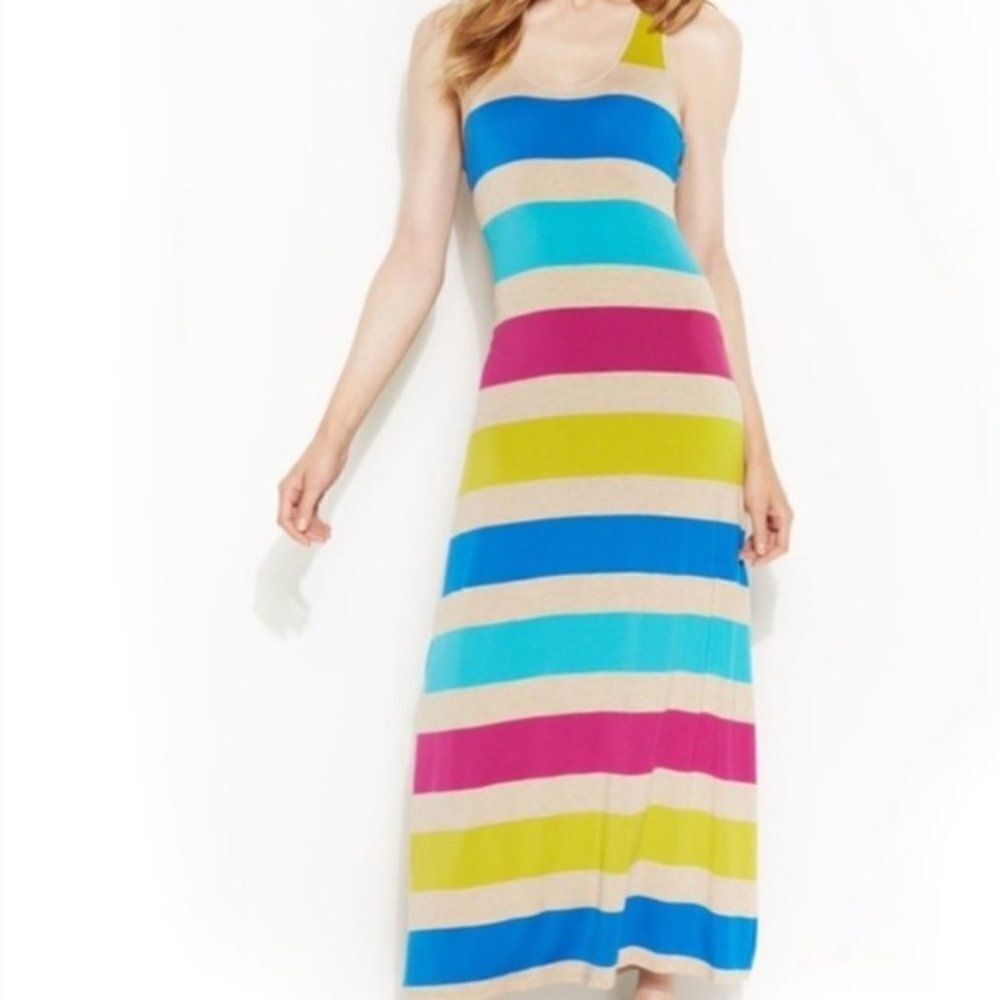 Calvin Klein Women's Multicolor Striped Scoop Neck Racer Back Maxi Dress…